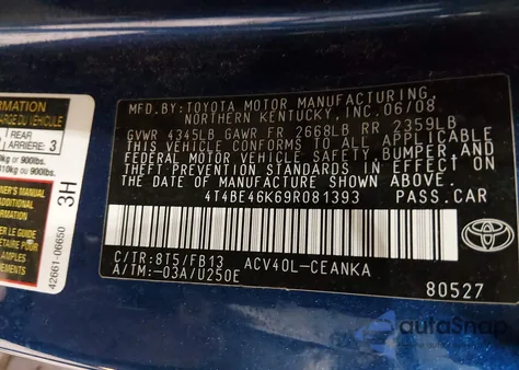 2009 Toyota Camry Le from USA, damaged, VIN 4T4BE46K69R081393